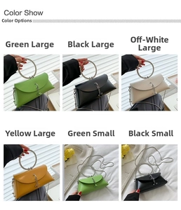 Showcase of four handbag colors with gold chain straps and metal ring handles