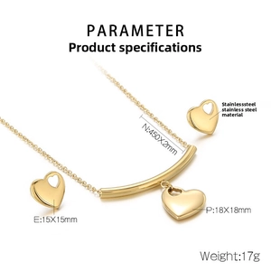 Detailed size parameters for gold stainless steel heart necklace and earring jewelry set