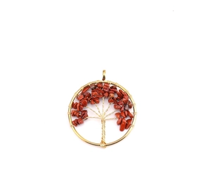 Detailed view of handmade golden wire-wrapped tree of life pendant with red crystal stones