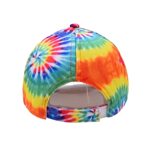 Rear view of tie-dye baseball cap with adjustable strap and colorful spiral pattern