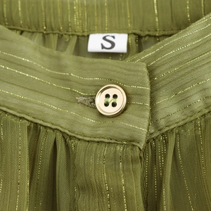 Olive green chiffon blouse with metallic stripes and button waist detail in size S