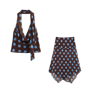 Women's 2-piece chiffon set featuring a brown polka dot halter top and asymmetric skirt