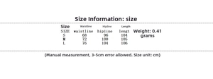 Detailed size chart for women's two-piece fashion set showing waist and hip measurements