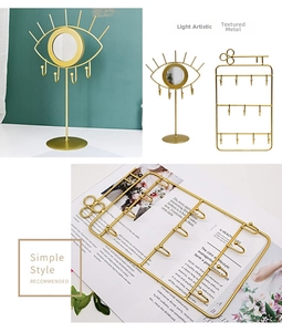 Creative gold metal jewelry storage rack with mirror and hooks for earrings and necklaces