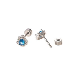 Blue pear-cut zircon earrings in silver stainless steel with screw-back design