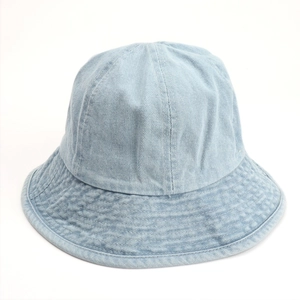 Detail view of light blue washed denim bucket hat with decorative reinforced stitching