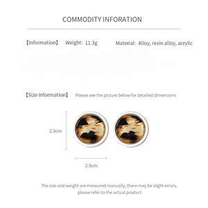 Detailed infographic showing size and material of round leopard print stud earrings