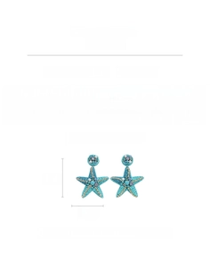Detail showing blue beaded starfish earrings with dimensions 7.3cm height and 5.7cm width