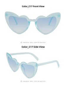 Vista frontale e laterale di occhiali da sole a cuore azzurro con glitter e lenti sfumate