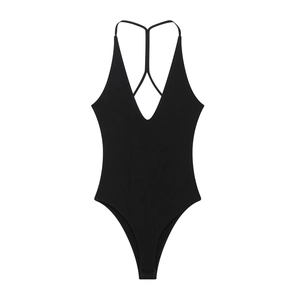 Minimalist black knit rib bodysuit featuring deep V-neck and crisscross back straps
