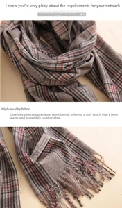 Close-up of classic plaid cashmere scarf texture with tassels and washing label detail