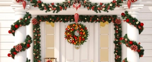 Close-up of a festive Christmas wreath and garland with red bows and warm LED lights