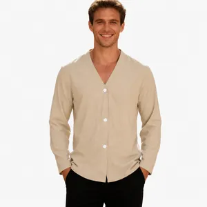 Men's solid color knit cardigan shirt with long sleeves and button-down v-neck design