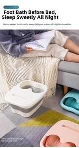 Detail of portable folding foot bath basins in white, light blue, and pink colors