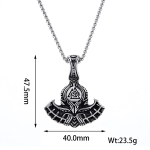 Detailed specs of Viking Valknut axe pendant showing dimensions 47.5mm by 40.0mm