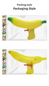 Banana shaped water pistols in transparent and solid yellow retail packaging