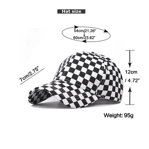 Detailed sizing chart for cotton checkered baseball cap showing brim and head dimensions