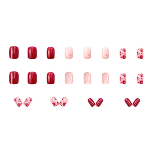 French rose gradient press-on nails with gold edges and elegant floral patterns 24pcs set