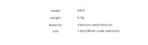 Detailed size chart for titanium steel ring featuring model A437 and 6.0g weight specs
