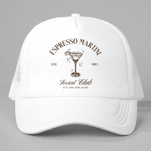 Detail of white mesh trucker hat with brown Espresso Martini Social Club print