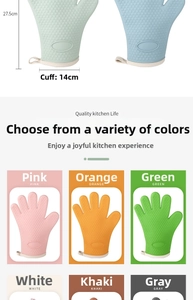 Silicone oven mitt with heart pattern grip and hook design showing 27.5cm length detail