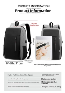 Tabella taglie dettagliata per zaino porta PC grigio con dimensioni 31x44x15cm
