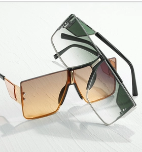 Detail view of square rimless sunglasses with gradient lenses and textured wide temples