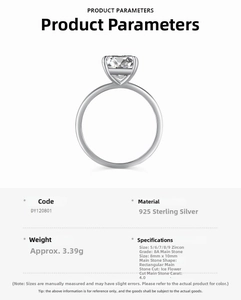Detail view of 925 silver ring with 8A ice-flower cut zircon and product specifications.