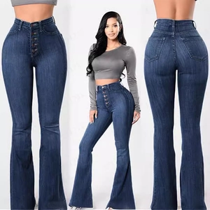 Jean évasé taille haute bleu foncé avec braguette à cinq boutons et effet sculptant