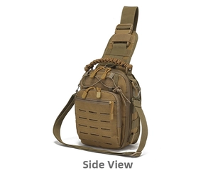 Tactical sling bag in coyote brown featuring laser-cut MOLLE system and side view detail