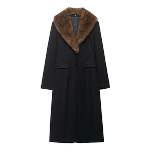 Women Long Woolen Coat With Faux Fur Collar Single Breasted Solid Color Outerwear Jacket With Pockets Winter