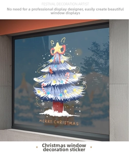 Detail view of hand-drawn blue Christmas tree window sticker with festive ornaments