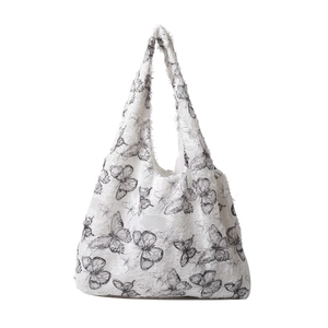Minimalist white butterfly canvas tote bag with textured faux fur fabric and large capacity