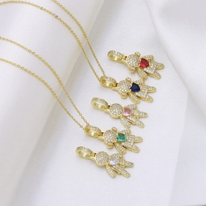 Gold bear pendant necklace with colorful heart-shaped cubic zirconia stones for women