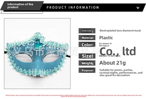 Detail view of blue lace masquerade mask with silver beads and center rhinestone