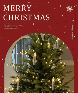 Close-up of a white LED candle light with a green clip for Christmas tree decoration