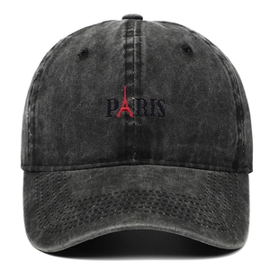 Washed black cotton baseball cap with embroidered Paris text and Eiffel Tower logo