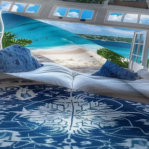 Detail of blue and white mandala pattern on rectangular bohemian decorative tapestry