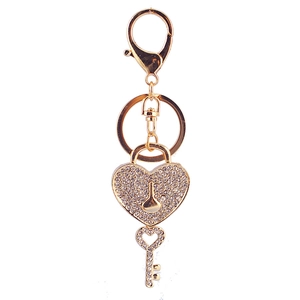 Golden rhinestone heart lock and key keychain with sparkling crystal bag charm accessories