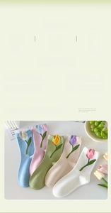 Detailed view of five-pack pastel cotton socks with delicate tulip floral embroidery