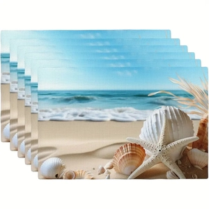 6-piece set of beach shell placemats with tropical ocean scenery for dining table decor