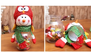 Detail of Christmas snowman candy jar with red knit hat and transparent storage base