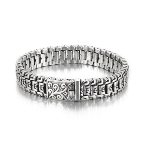 Mens hip hop titanium steel flower bracelet with retro pattern square buckle on white background