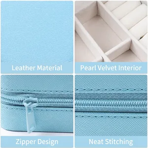 Light blue cross-grain PU leather jewelry travel case with secure zipper and soft lining