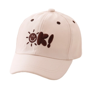 Kids cotton baseball cap in light pink with sun and OK embroidery for sun protection