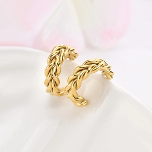 Chunky gold-tone C-shape hoop earrings with double-layered woven rope texture for women