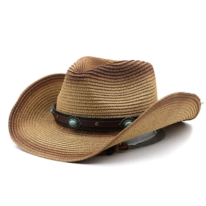 Cappello da cowboy in paglia sfumata marrone con fascia in turchese per protezione solare