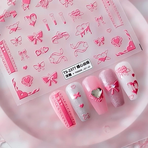 5D Embossed Nail Art Stickers Relief Pink Heart Bow Lace Design Self Adhesive Textured DIY Manicure Decals