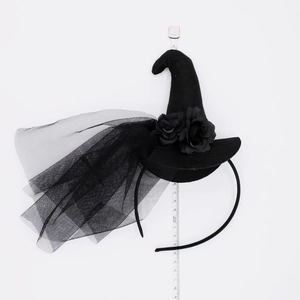 Lace witch hat headband for Halloween with black rose and mesh veil details