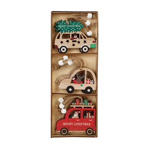 Three-piece wooden Christmas car ornaments set featuring Santa, elk and snowman designs